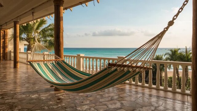 Swaying striped hammock shifting gently on covered beachfront veranda from light breeze, with towel