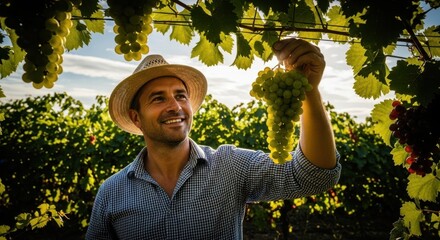 A man holding a bunch of white grapes in a vineyard. Grape harvest season concept for winemaking and agriculture industry production.