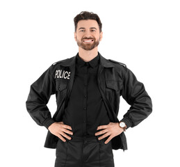 Happy male police officer isolated on white background
