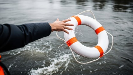 Mans hand reaching for a lifebuoy above splashing water. Safety and emergency rescue in aquatic environment. Lifesaving concept.