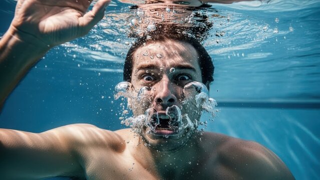 Man with wide eyes and open mouth struggling underwater, exhaling bubbles. Concept of drowning, panic, or fear.