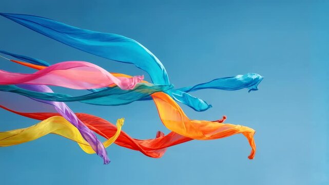 Colorful fabric ribbons flying gracefully in blue sky creating joyful motion symbol for freedom creativity celebration and outdoor fun perfect video element for festivals travel ads and insp