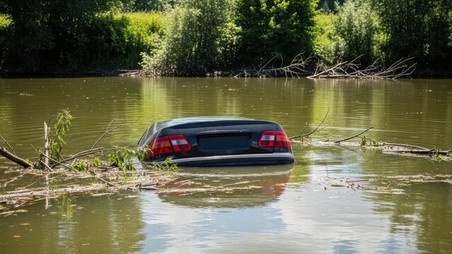 Black car partially submerged in dirty green water after a flood. Danger, car accident and natural disaster concept.