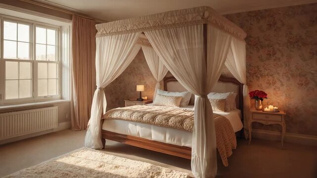Starting camera panning right and zooming in on four-poster bed in bedroom, framing candles