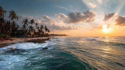 Golden hour waves washing gently over a tropical shoreline tranquil seascape scene great for travel promotions beach holiday packages relaxation and spa branding mindfulness content and