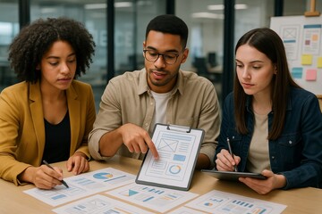 Team of young professionals discussing UX wireframes at modern office table with documents and tablet during collaborative meeting session. Ai generative