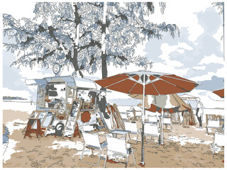  Sketch-style impressionnist painting,A food cart on the beach selling drinks and snacks,Digital illustration vector image 