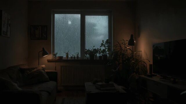 Showing centered two-pane window streaking with rain outside in living room, with potted plants