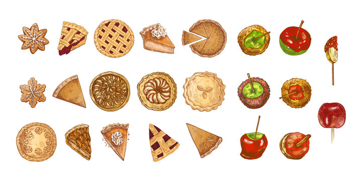 Hand drawn vintage collection of colorful festive pies, cookies and candy apples for holiday and seasonal decoration