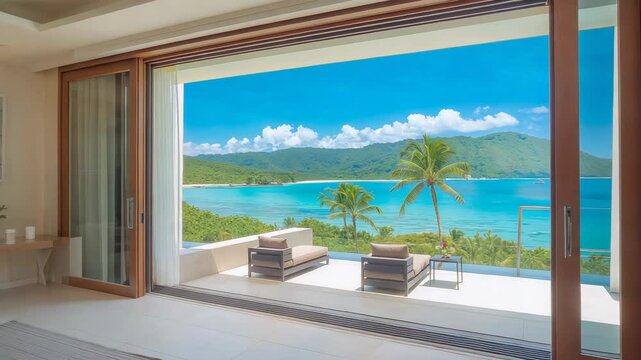 Shifting camera framing sliding doors to reveal terrace, blue sea and palms, with lounge chairs