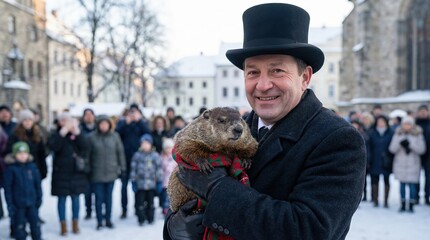 Man in black top hat holds a groundhog wrapped in a festive scarf, surrounded by a crowd in winter clothing, celebrating a seasonal tradition of predicting weather