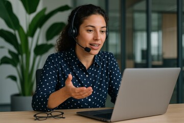 Woman with headset having video call using laptop in office, discussing work with remote team or client during online meeting or virtual conference. Ai generative