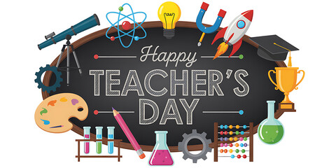 Happy teachers day message on a blackboard with educational and science elements, isolated on white background