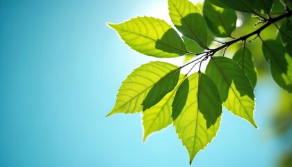 Green leaves against blue sky. Sunny day, sun shines through foliage. Plant details focus on nature. The light gives contrast to plant leaf texture.