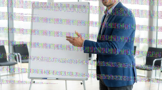 Professional male speaker giving presentation with abstract digital interference effect