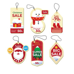 Set of Red Christmas sale paper tags vector set with different shapes and hand drawn elements in red color hanging with discount text for Christmas holiday shopping promotion. Vector illustration.