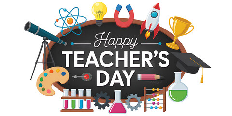 Happy teachers day blackboard with various educational and science symbols, isolated on white background