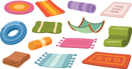 Cartoon mat and cushion illustration set, colorful home decor items including rugs, rolled mats, pillows, and hammock, vector collection