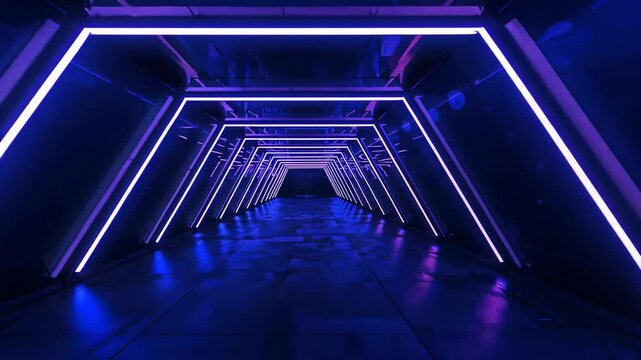 Lighting starting, lit tunnel pulsing purple LED frames at exhibit, reflecting on metal floor