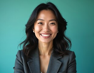 Fototapeta premium Asian businesswoman smiles in studio. Portrait of happy female wearing grey suit. Confident woman with dark hair. Positive emotion on face. Business professional in formal wear.