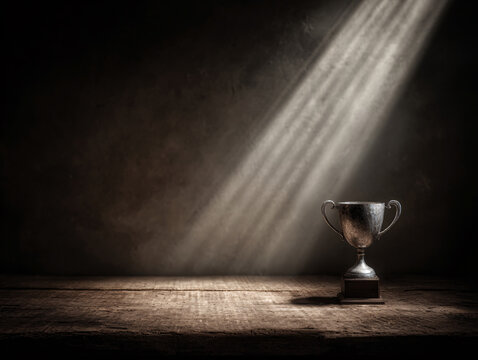 a trophy on a wooden surface, with a spotlight illuminating it against a dark, textured background. The trophy is the focal point, casting a dramatic shadow and highlighting its classical design.