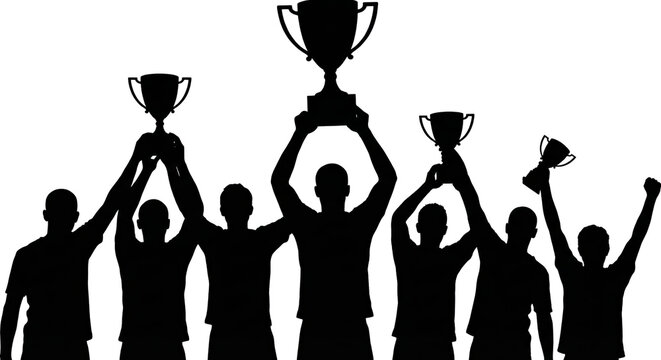 Silhouette illustration of triumphant team celebrating victory with trophy on transparent backdrop
