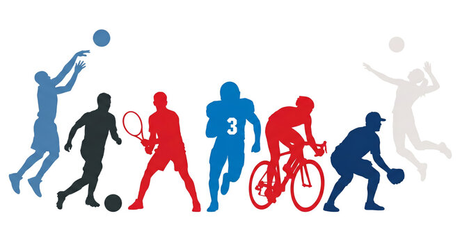 Dynamic multicolor sports silhouettes showcasing athleticism and teamwork isolated on transparent