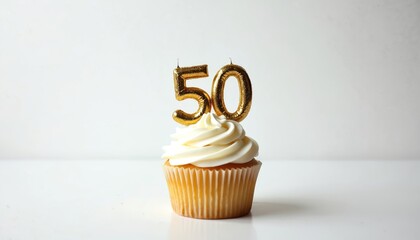 Single cupcake topped with white frosting and golden number 50 candles. Perfect for a milestone birthday, anniversary, or special celebration event dessert.