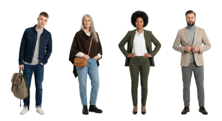 Diverse group showcasing modern attire against a plain backdrop, isolated stylish individuals