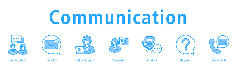 Communication banner with icons of Conversation, Live Chat, Online Support, Translator, Chatbot, Question and Contact Us.