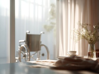 Empty wheelchair by a sunlit window with flowers and a teacup in the foreground, symbolizing dementia absence, waiting, and the quiet rhythm of care