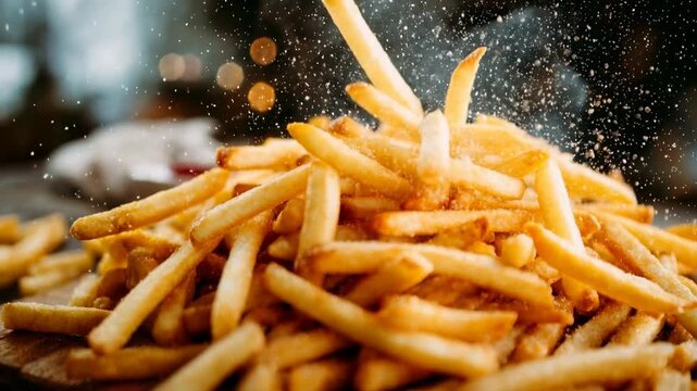 Golden french fries with seasoning falling into delicious pile on table appetizing fast food snack concept perfect for restaurant advertising delivery apps street food branding and social