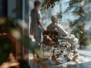Wheelchair user seen through layered reflections and foliage, symbolizing dementia distortion, sensory confusion, and emotional distance
