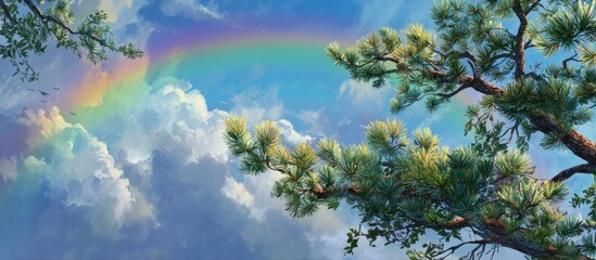 Fototapeta premium Rainbow arches over bright clouds with evergreen tree branches