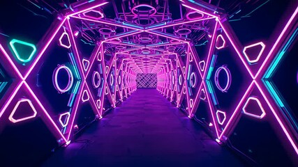 Moving dolly pushing neon tunnel forward in gallery to reveal LED frames, ring lights, end panel - Powered by Adobe