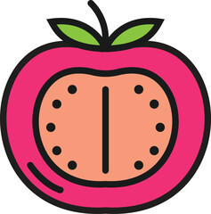 Vector icon of a stylized tomato with a clock face inside, representing time and healthy eating