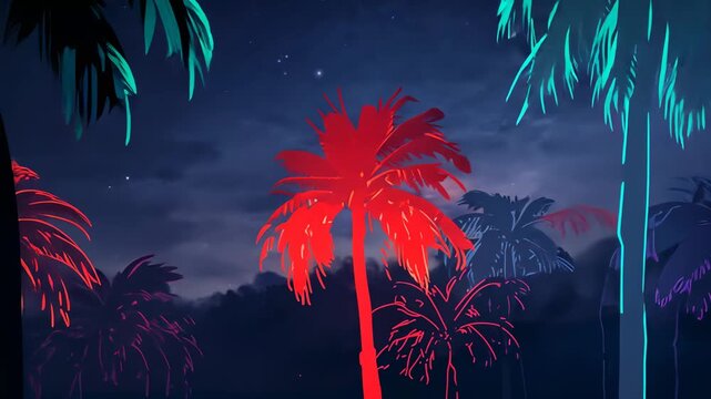 Shifting camera moving right and forward, neon palm trees drawing closer at night, showing contrast