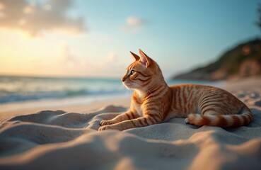 Orange cat relaxing on sand beach. Feline lies down, looks into distance, enjoys calm sea view. Ginger pet stares at serene ocean shore with blue water, sand dunes. Peaceful animal on coast at sunset.