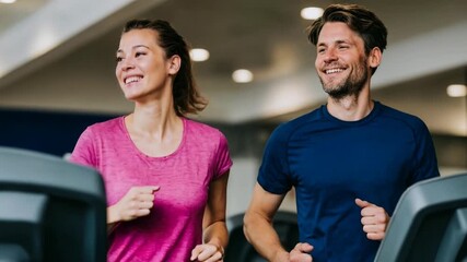 Energetic gym scene of smiling couple running on treadmills together in modern fitness club providing motivational health footage for workout programs active lifestyle promotions and.