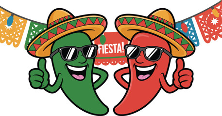 Fiesta chili peppers with sombreros and sunglasses, Mexican celebration vector, colorful cartoon characters, festive banner and decorations for party design