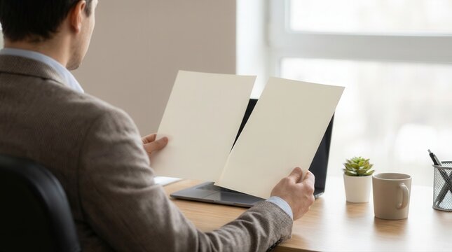 Professional holding blank documents comparing data at modern office workspace desk