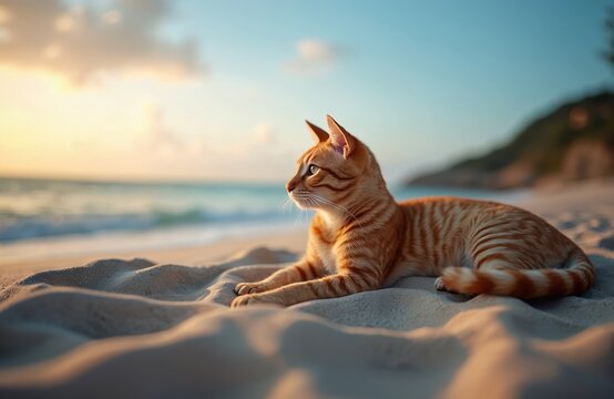 Orange cat relaxing on sand beach. Feline lies down, looks into distance, enjoys calm sea view. Ginger pet stares at serene ocean shore with blue water, sand dunes. Peaceful animal on coast at sunset.
