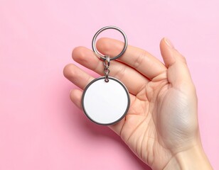 Hand holding blank, circular keychain on a pink background