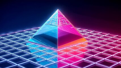 Glow rising, pyramid reflecting cyan and magenta on neon grid, camera approaching to reveal apex - Powered by Adobe