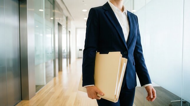 Confident Business Executive Walking with Important Documents in Modern Office Hallway