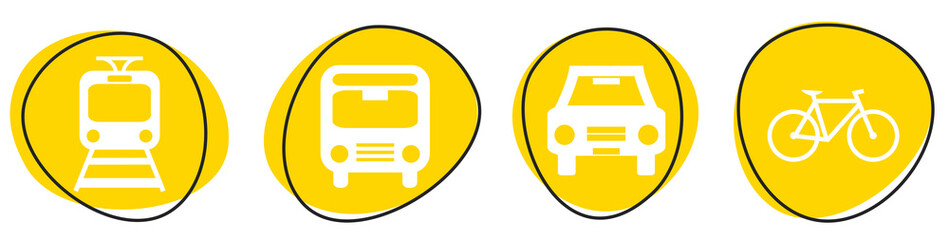 Gelbe Verkehrsmittel-Buttons: Zug, Bus, Auto und Fahrrad
