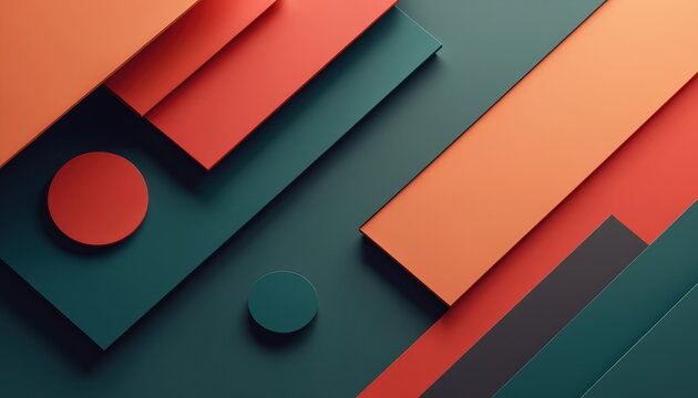 Abstract layered geometric shapes create modern design. Colorful digital composition features rectangle square circle elements. Artistic structure of bold colors and shadows provides depth.