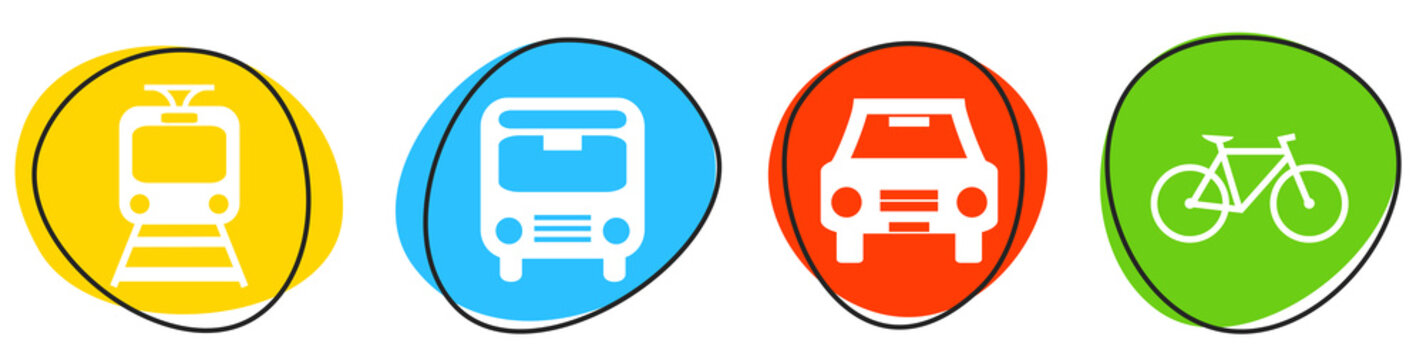 Bunte Verkehrsmittel-Buttons: Zug, Bus, Auto und Fahrrad
