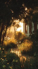 Fototapeta premium Sunlit garden scene with trees and path leading to a house during the day