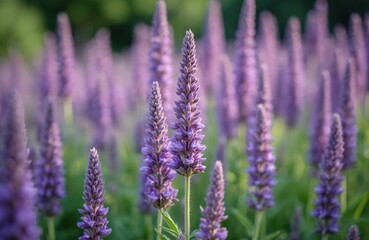 Fototapeta premium Field of purple catnip flowers in bloom. Blossoms thrive in garden setting. Plants have lilac hues. Summer season shows beautiful nature and growth.